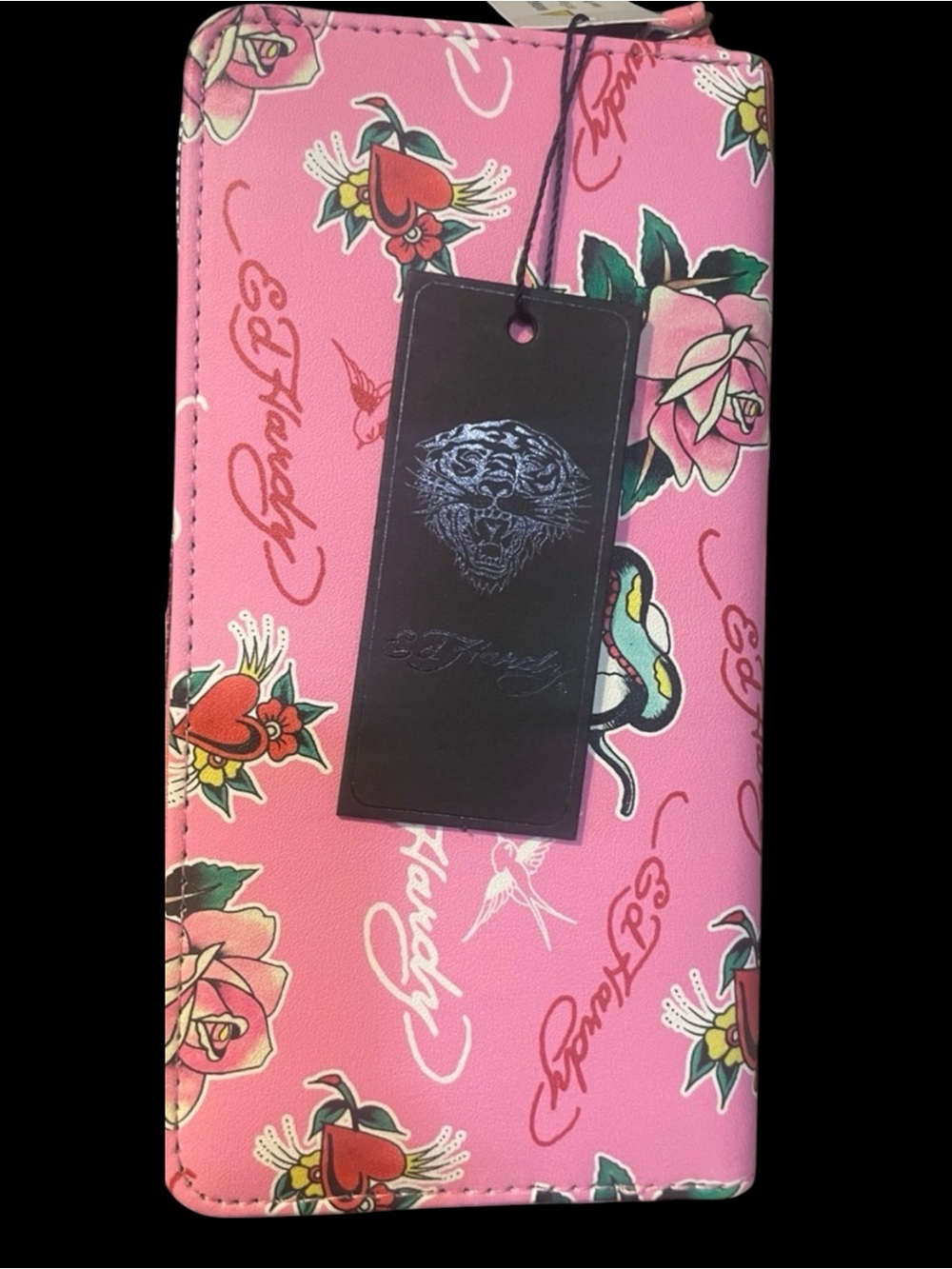 Ed Hardy Pink Tattoo Print Zip Around Wristlet Wallet Roses Skull Hearts - Picture 6 of 6